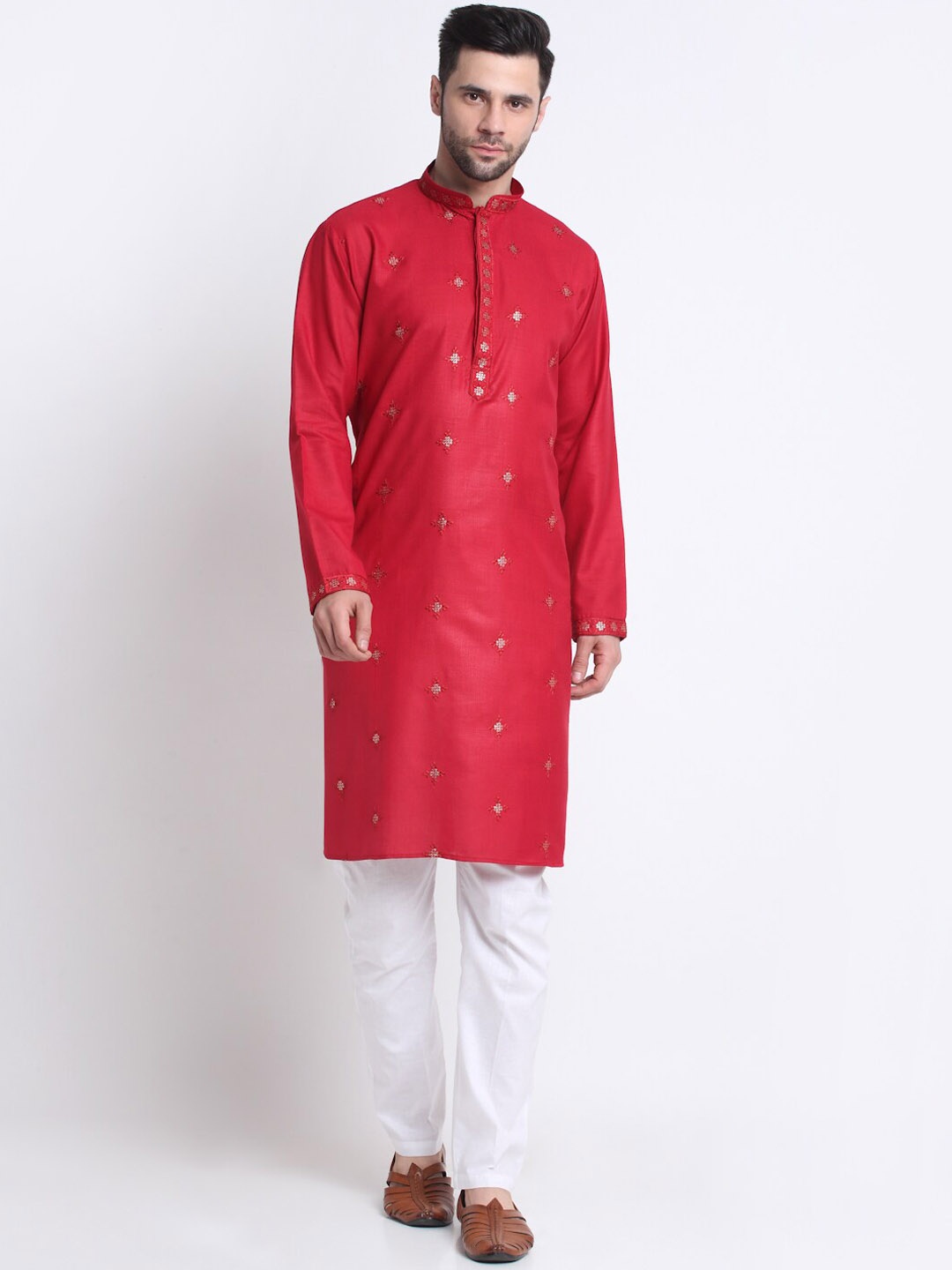 

KRAFT INDIA Ethnic Motif Embroidered Sequinned Kurta With Trousers, Red