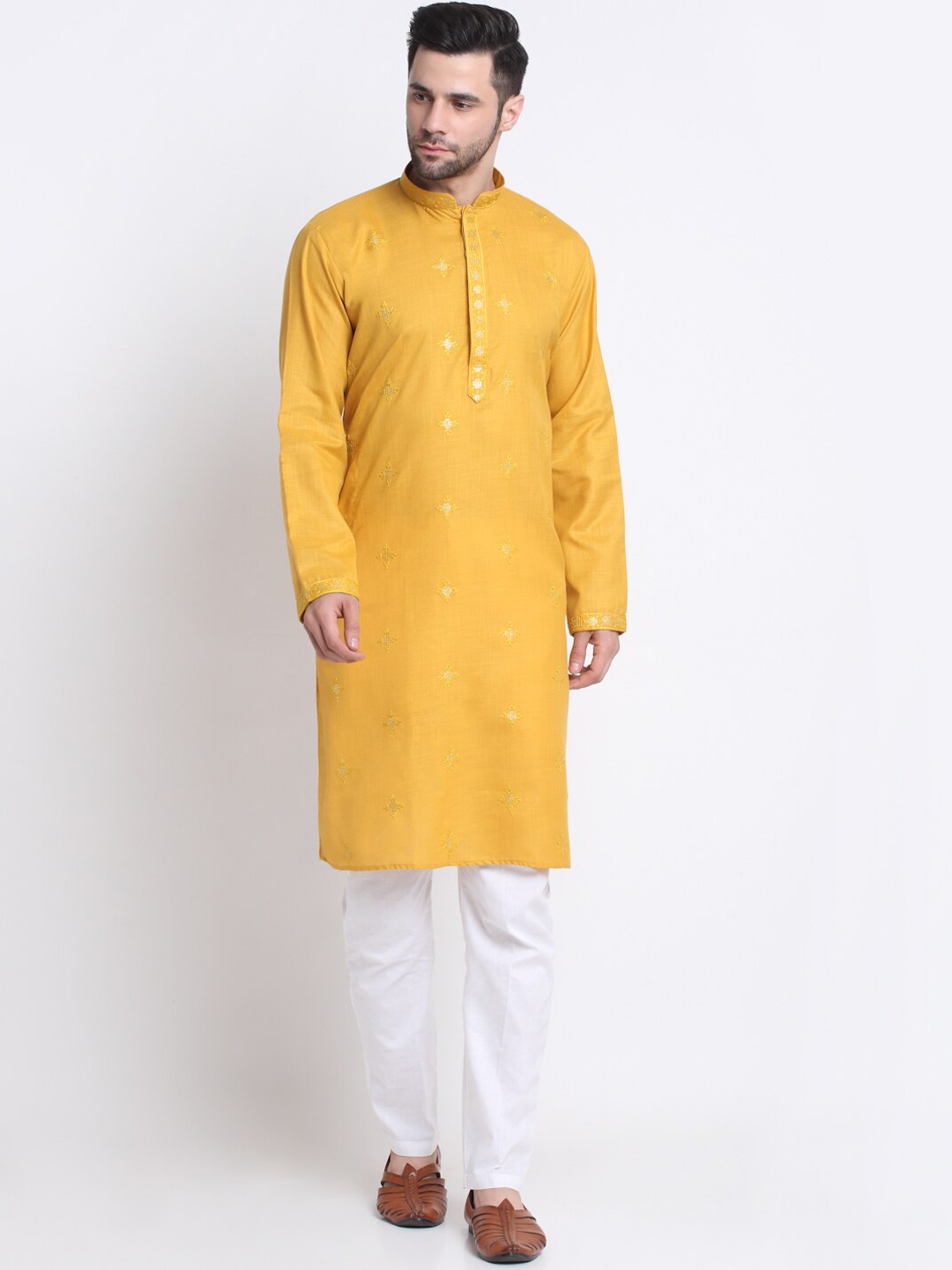 

KRAFT INDIA Floral Embroidered Sequinned Kurta With Trousers, Mustard