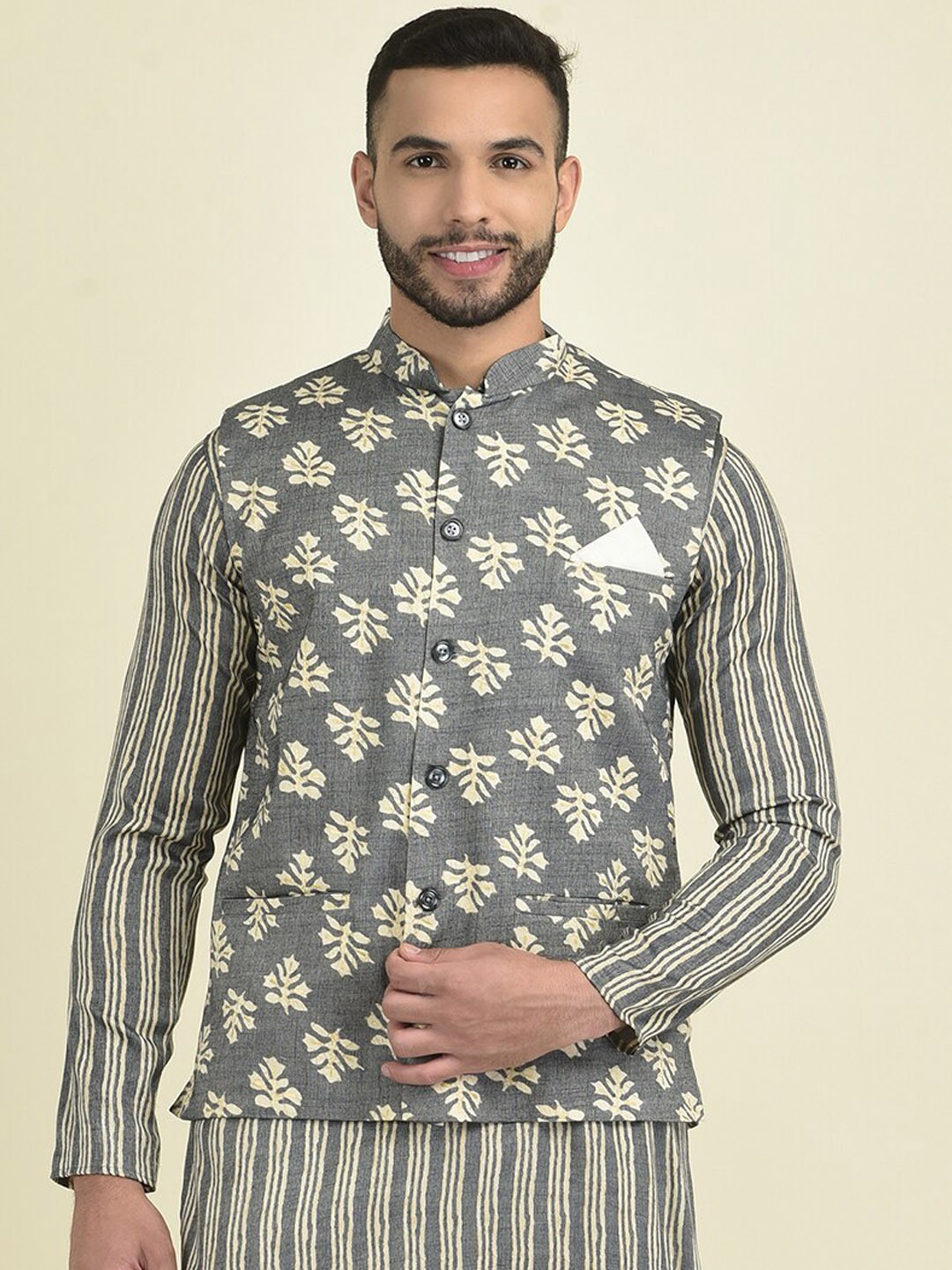DEYANN Printed Pure Cotton Mandarin Collar Ethnic Nehru Jacket, Grey