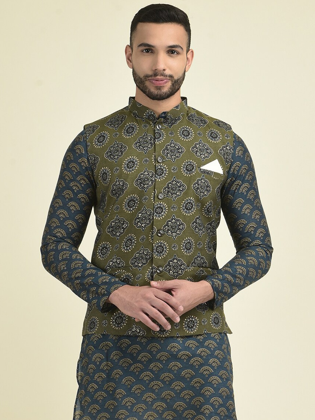 

DEYANN Printed Pure Cotton Nehru Jackets, Green