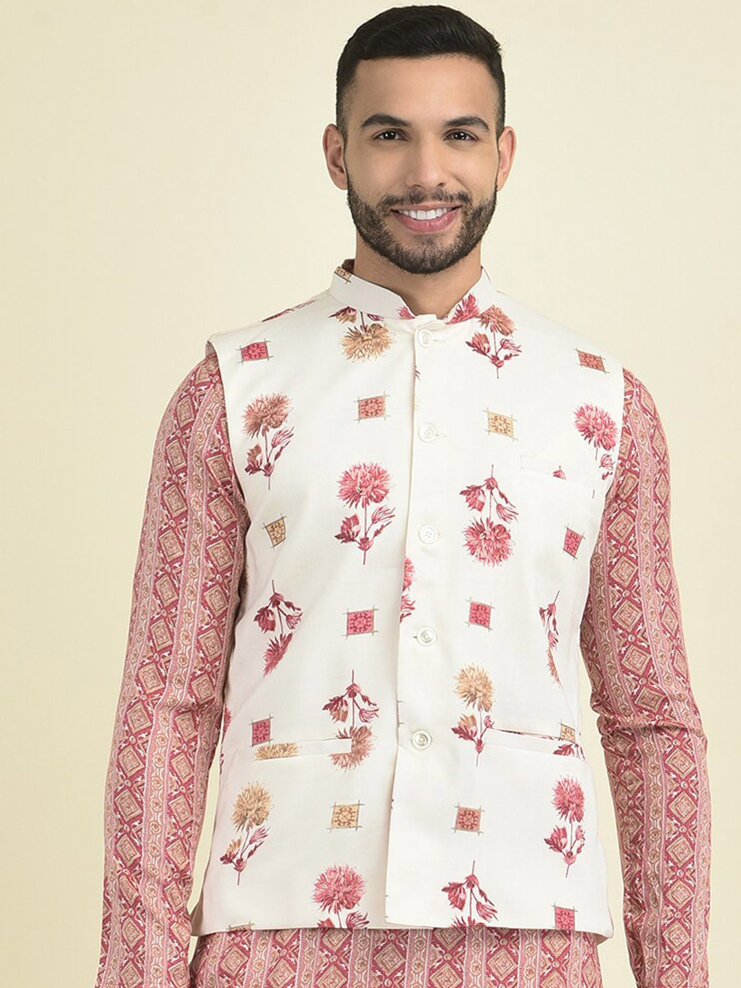 

DEYANN Printed Pure Cotton Nehru Jackets, Beige