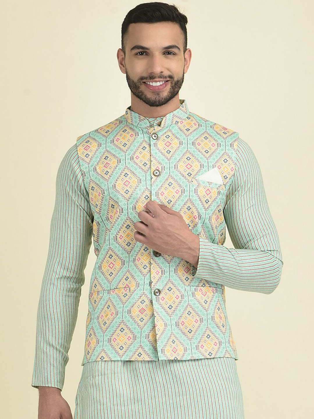

DEYANN Printed Pure Cotton Nehru Jackets, Green