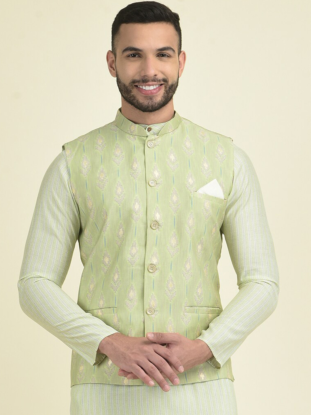 

DEYANN Printed Pure Cotton Nehru Jackets, Green