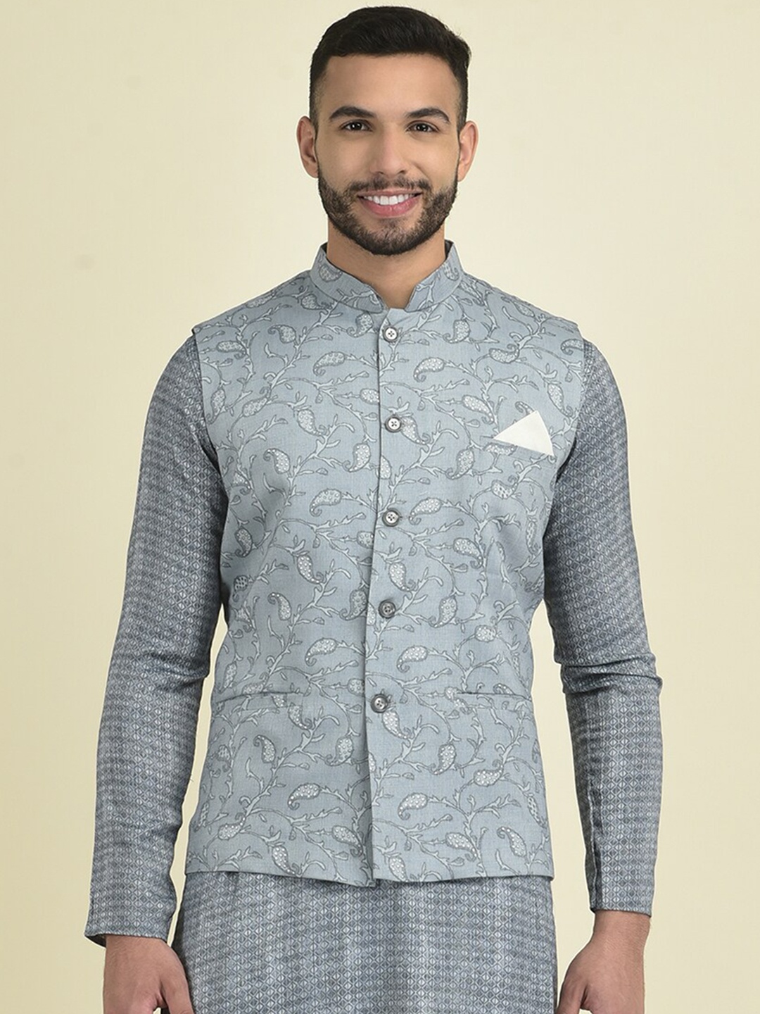 

DEYANN Printed Pure Cotton Nehru Jackets, Grey