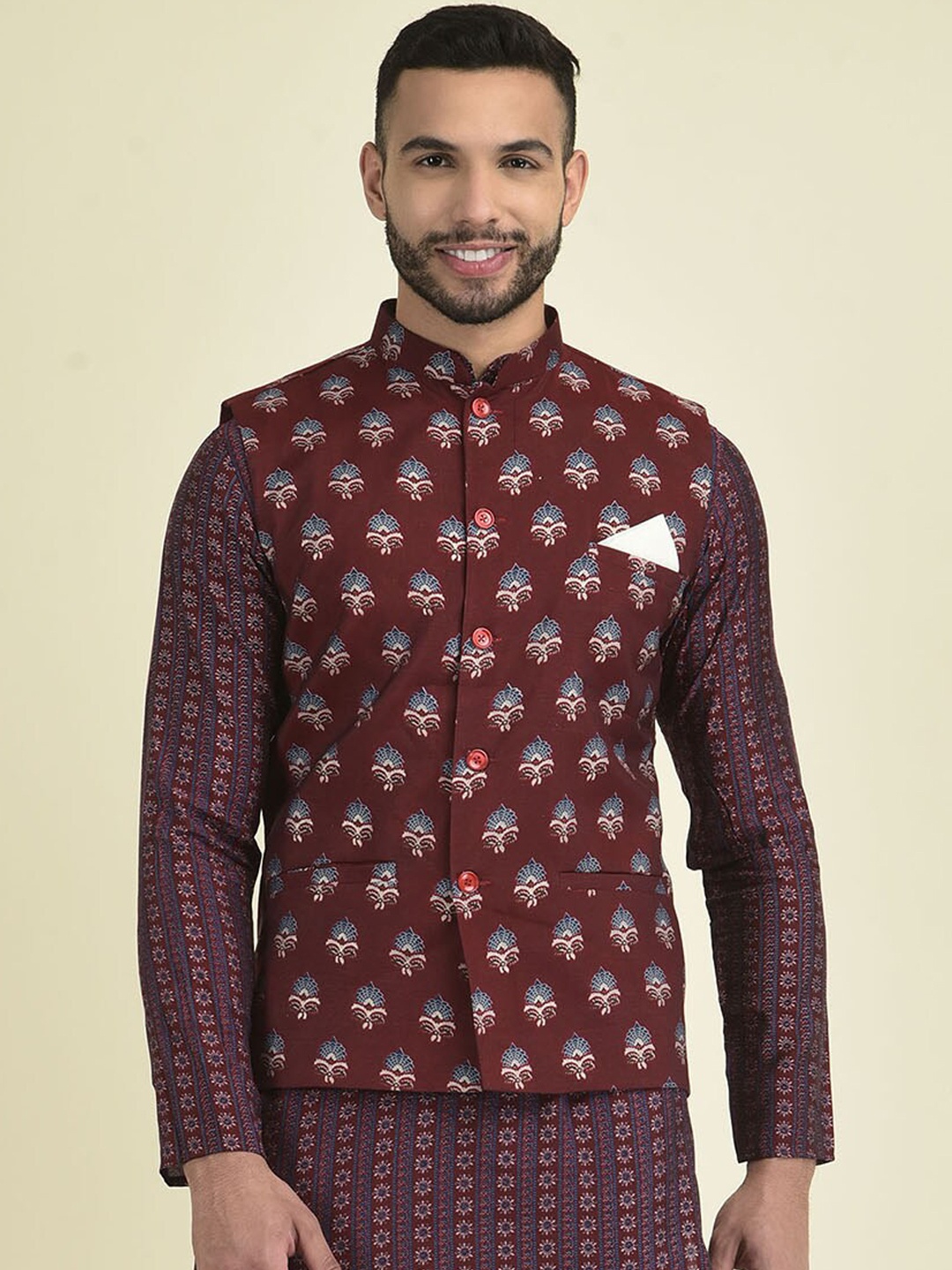 

DEYANN Men Printed Pure Cotton Nehru Jacket, Maroon