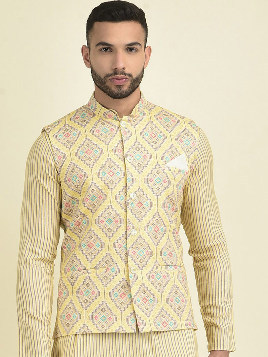 

DEYANN Ethnic Motifs Printed Pure Cotton Nehru Jackets, Yellow