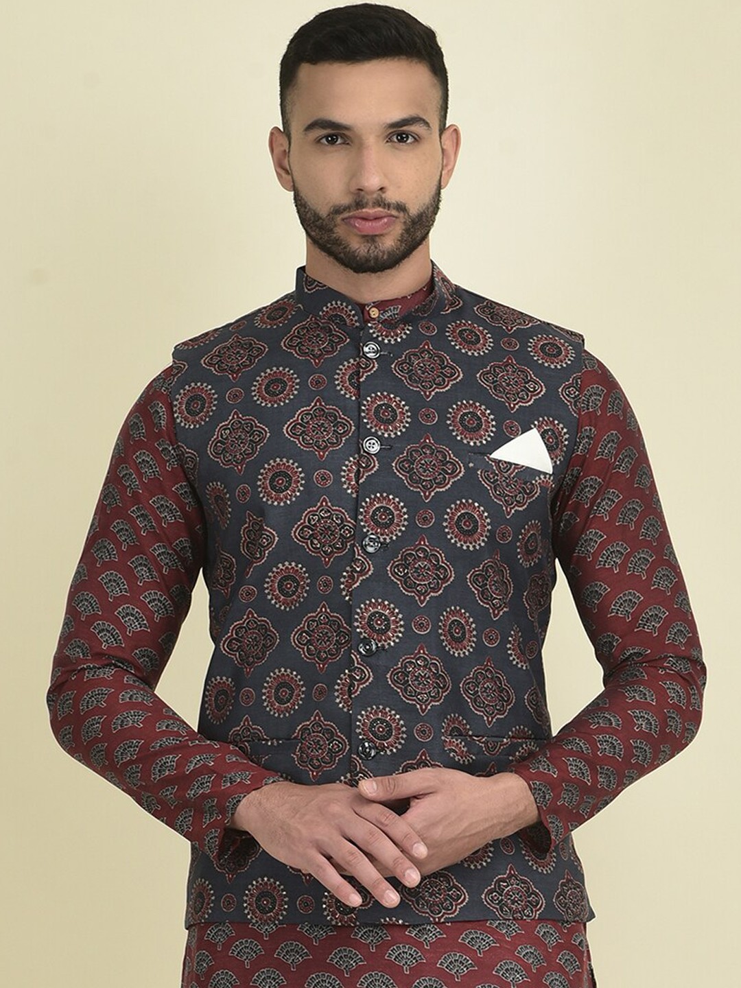 

DEYANN Printed Mandarin Collar Pure Cotton Nehru Jackets, Grey