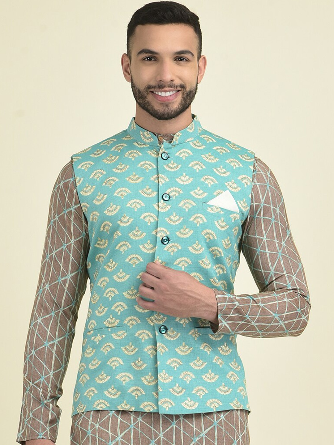 

DEYANN Printed Pure Cotton Mandarin Collar Ethnic Nehru Jacket, Green