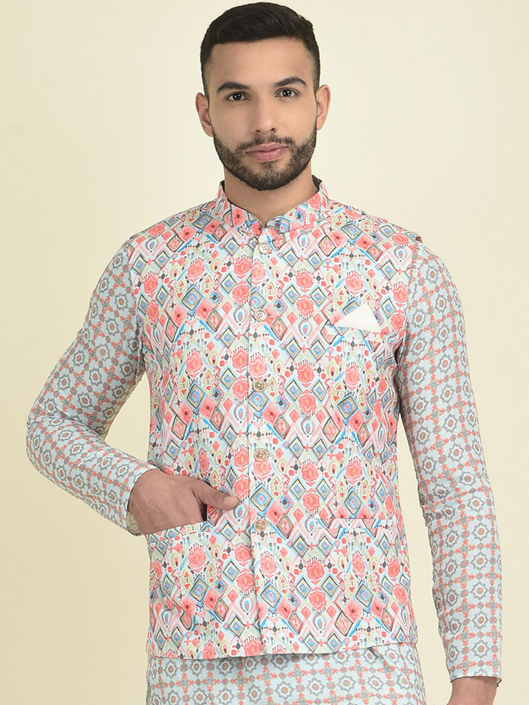 

DEYANN Printed Pure Cotton Mandarin Collar Ethnic Nehru Jacket, Blue