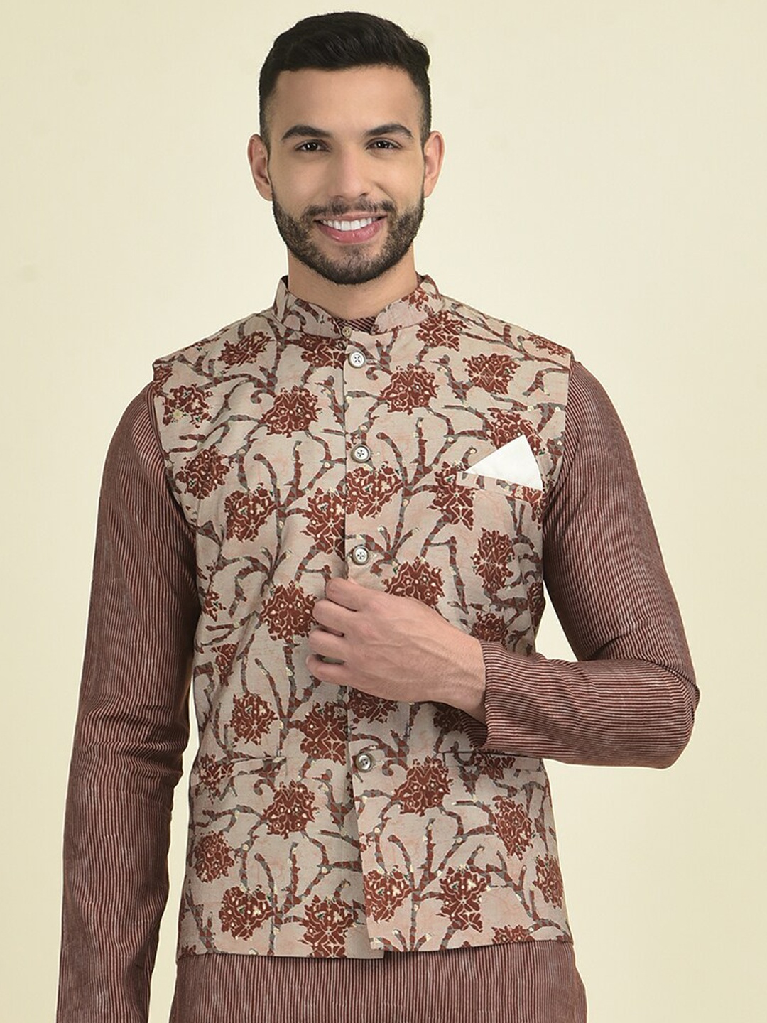 DEYANN Printed Pure Cotton Nehru Jackets, Beige