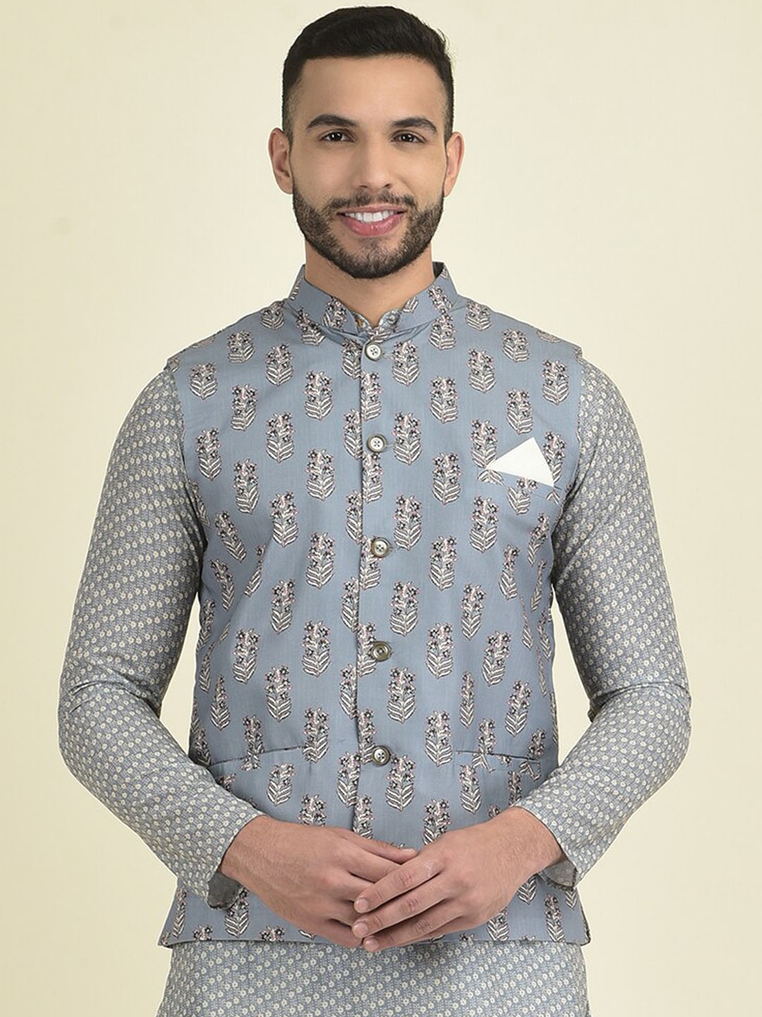 

DEYANN Men Printed Pure Cotton Nehru Jacket, Grey
