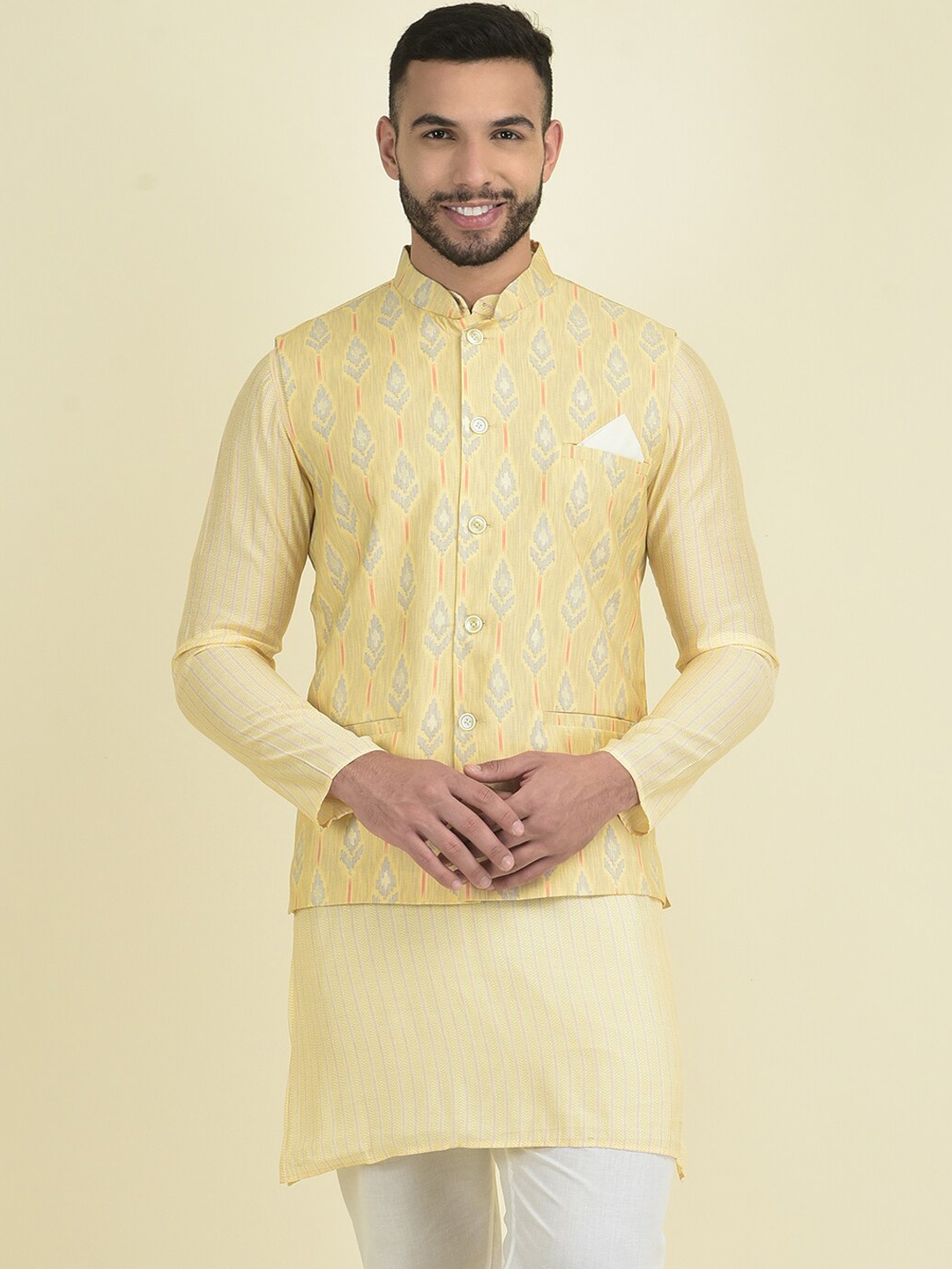

DEYANN Printed Pure Cotton Nehru Jackets, Yellow