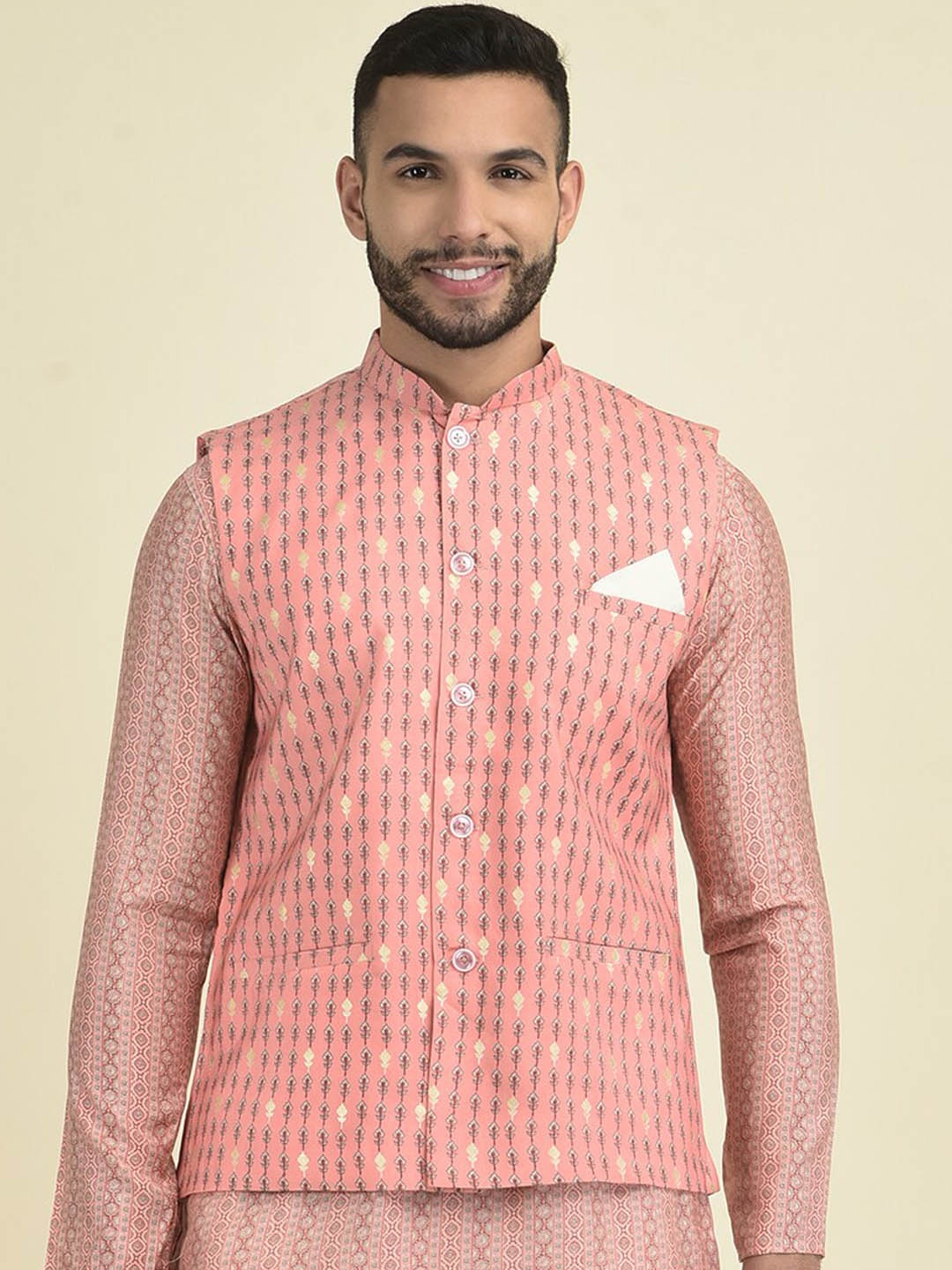 

DEYANN Printed Pure Cotton Nehru Jacket, Peach