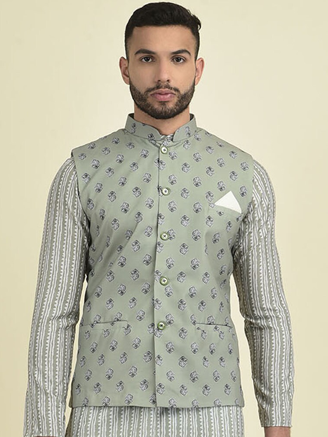 

DEYANN Printed Pure Cotton Nehru Jackets, Green