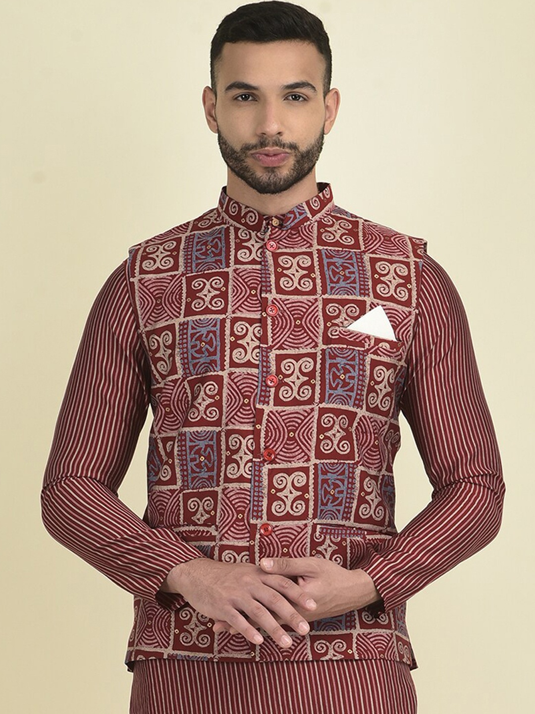 

DEYANN Printed Pure Cotton Nehru Jackets, Red