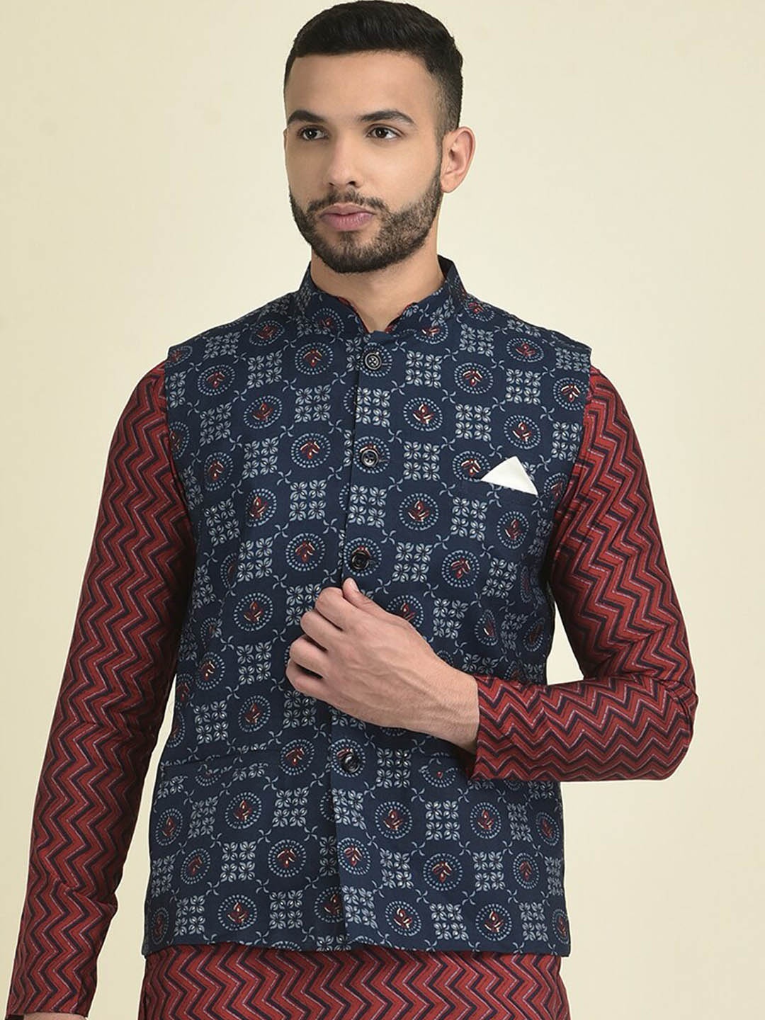 

DEYANN Men Printed Pure Cotton Nehru Jacket, Navy blue