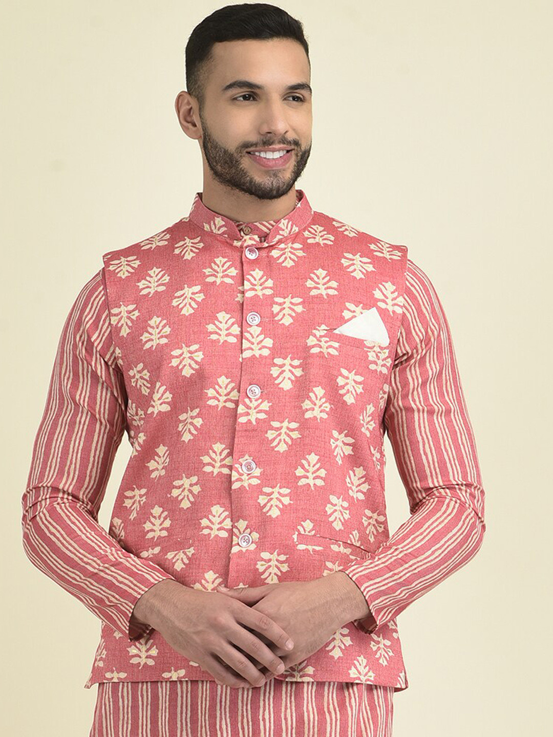 

DEYANN Printed Pure Cotton Nehru Jacket, Pink