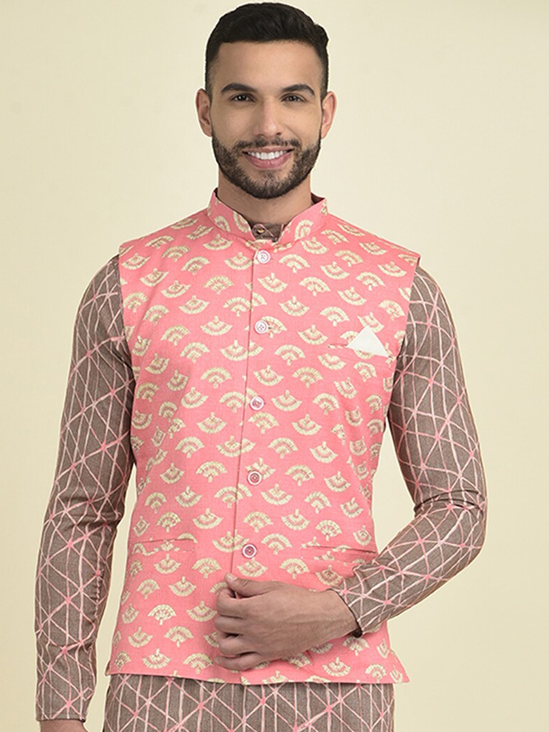 

DEYANN Ethnic Motifs Printed Pure Cotton Nehru Jackets, Pink