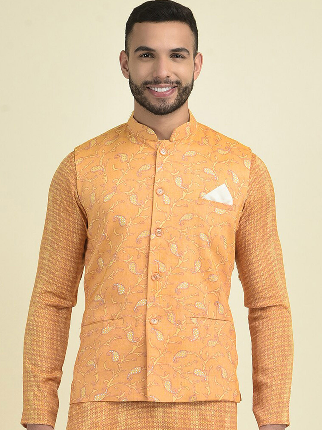 

DEYANN Printed Pure Cotton Nehru Jacket, Orange