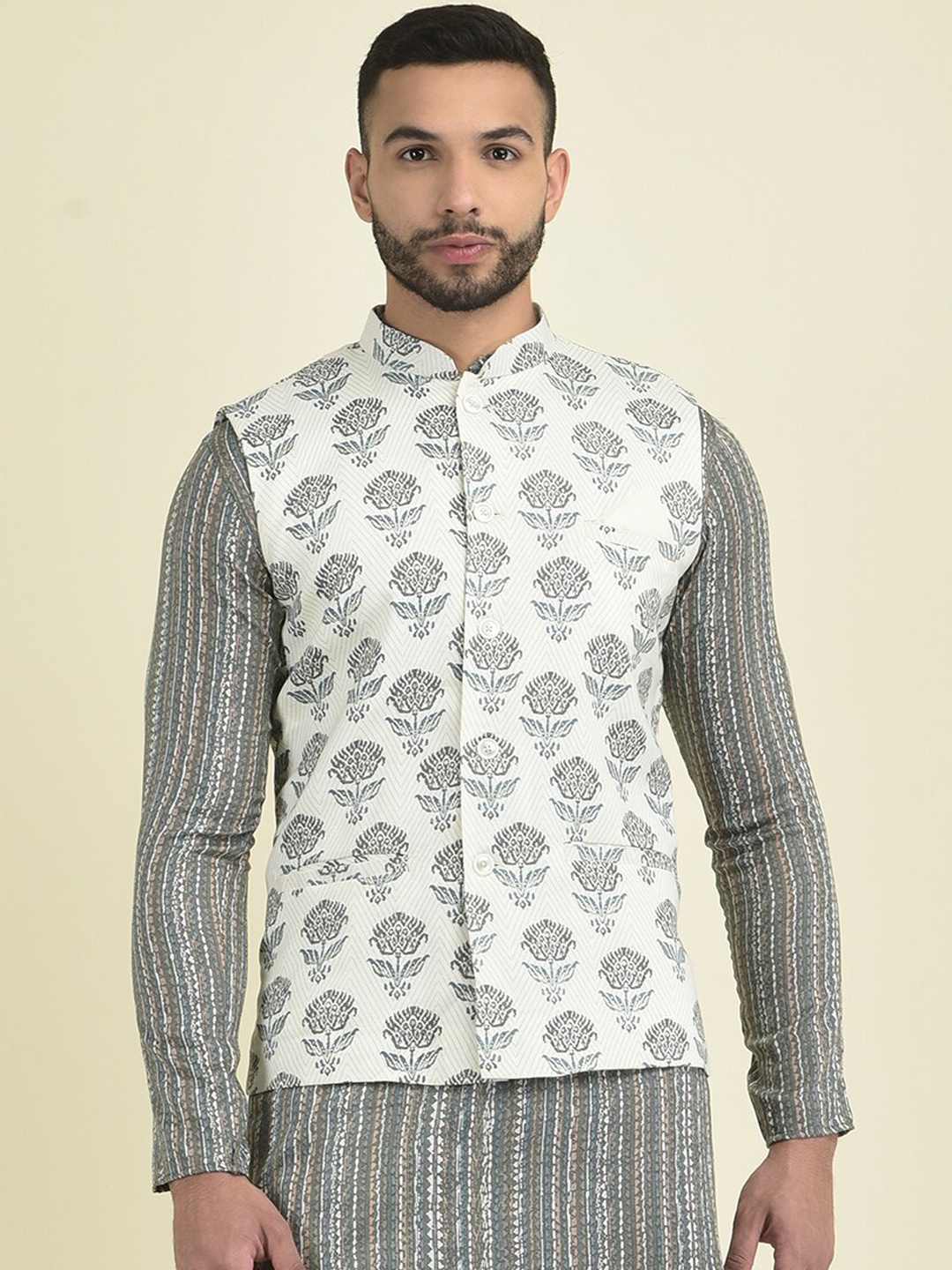 

DEYANN Printed Pure Cotton Nehru Jackets, Silver