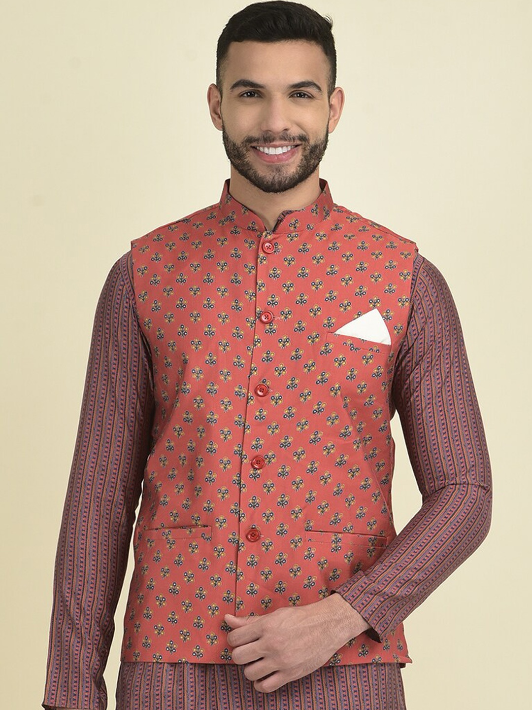

DEYANN Printed Pure Cotton Nehru Jackets, Red