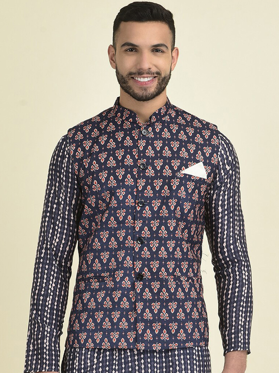 

DEYANN Printed Pure Cotton Mandarin Collar Ethnic Nehru Jacket, Navy blue