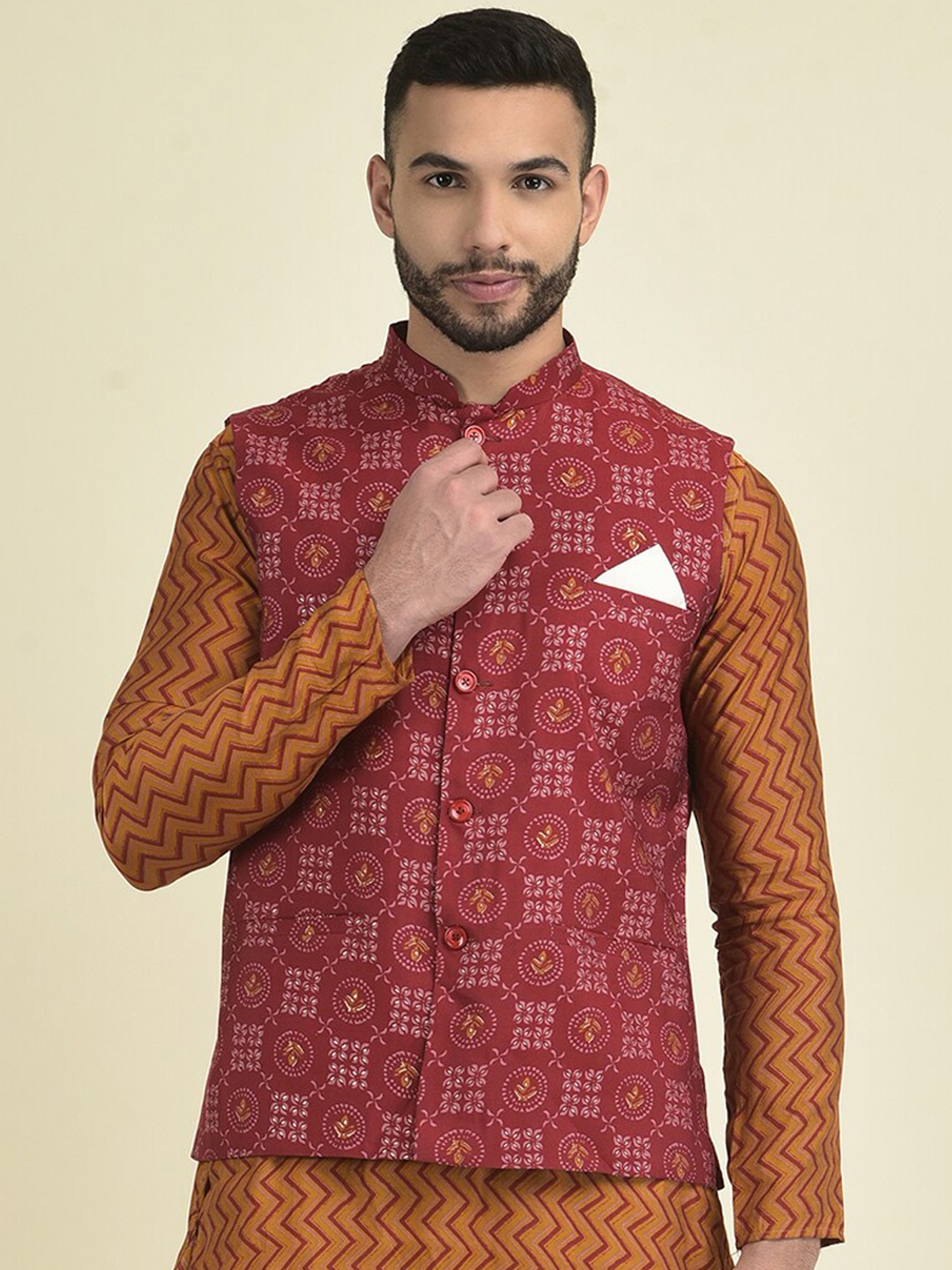 

DEYANN Printed Pure Cotton Mandarin Collar Ethnic Nehru Jacket, Red