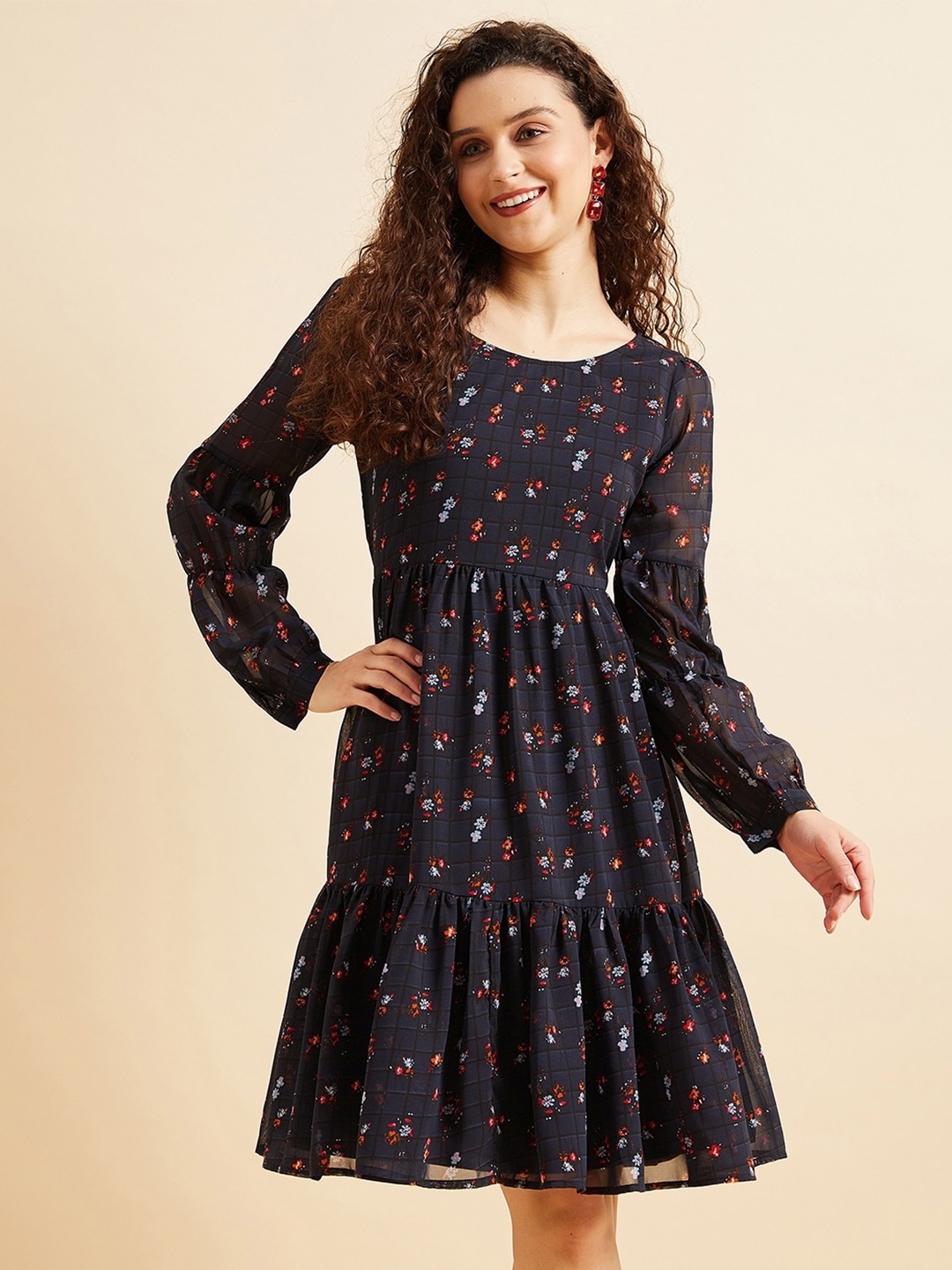 

PANIT Floral Georgette Fit and Flare Dress, Navy blue