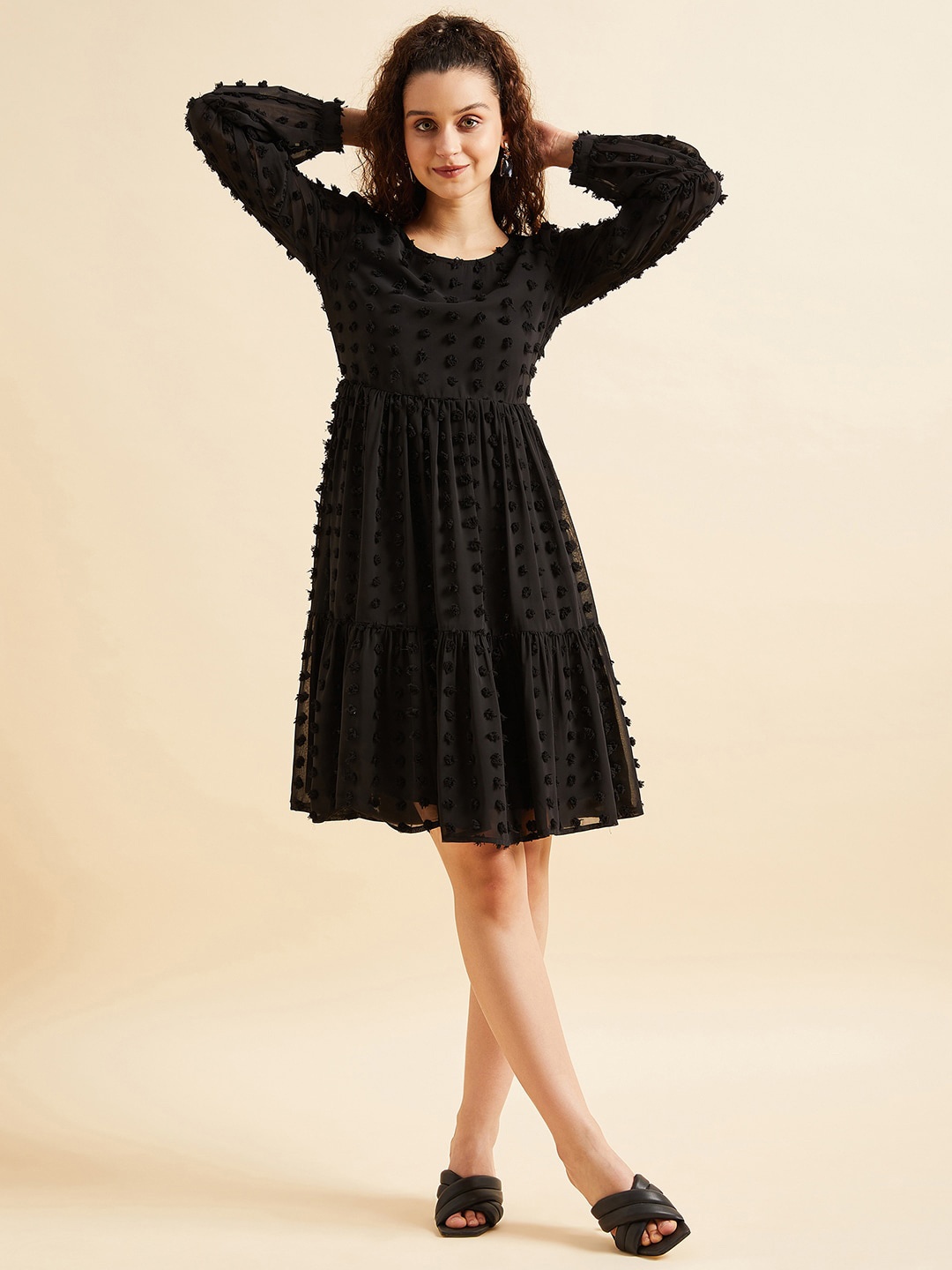 

PANIT Puff Sleeves Self Design Georgette Dress, Black