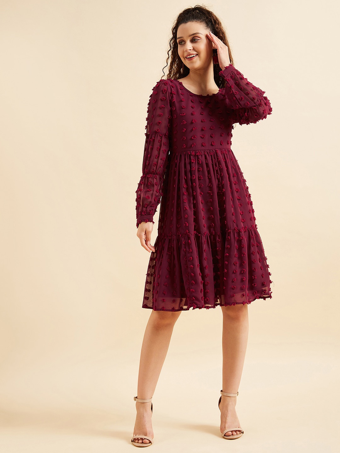 

PANIT Self Design Puff Sleeves Georgette Dress, Maroon