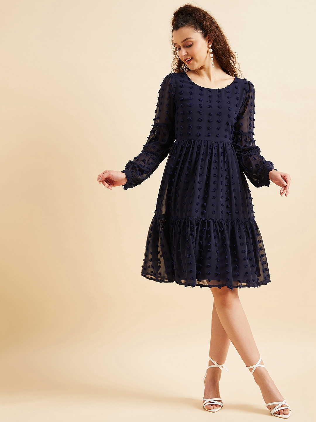 

PANIT Puffed Sleeves Self Design Tiered Fit & Flare Georgette Dress, Navy blue