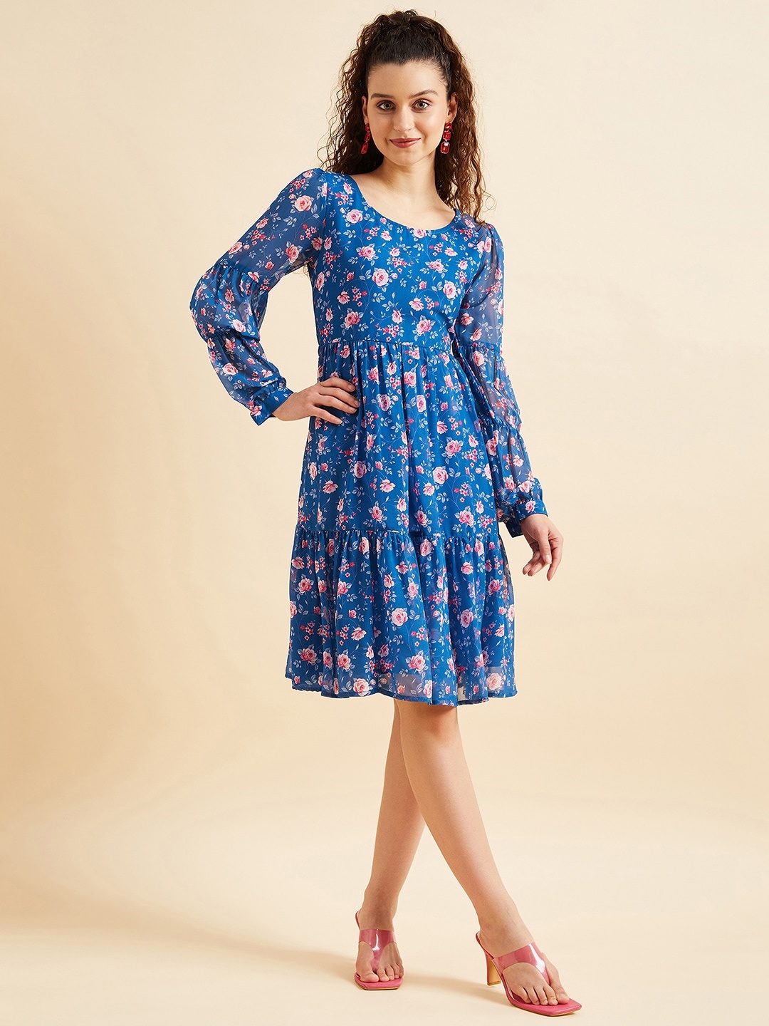 

PANIT Puffed Sleeves Floral Printed Tiered Fit & Flare Georgette Dress, Blue