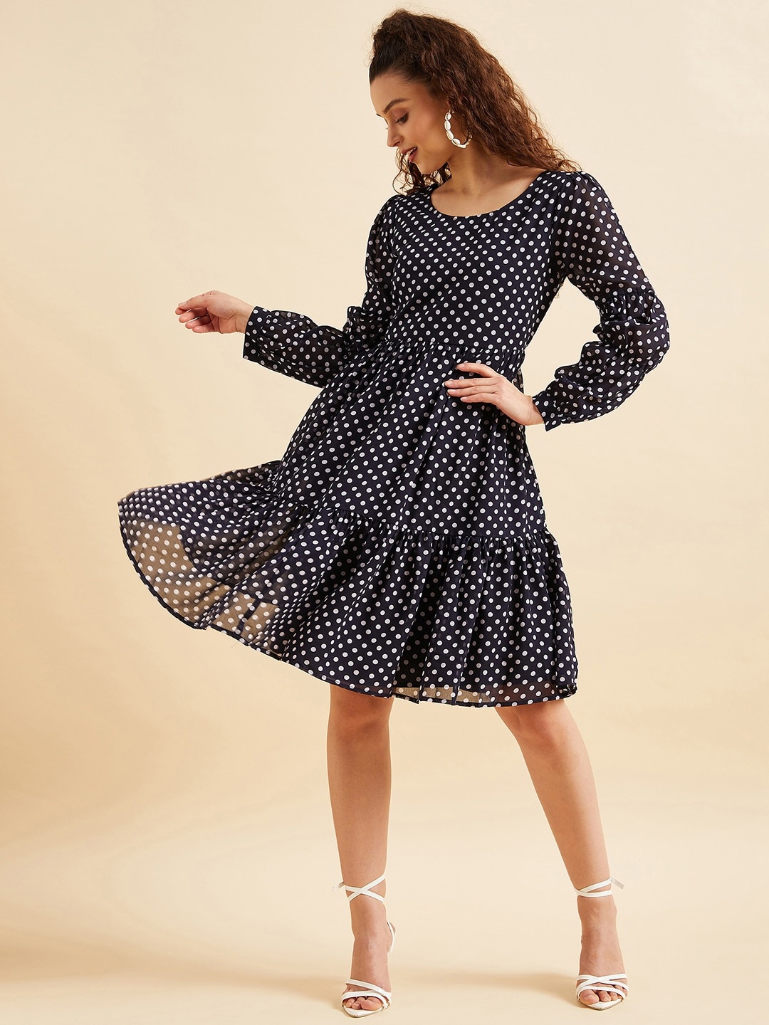 

PANIT Polka Dots Printed Flounce Georgette Fit & Flared Dress, Navy blue