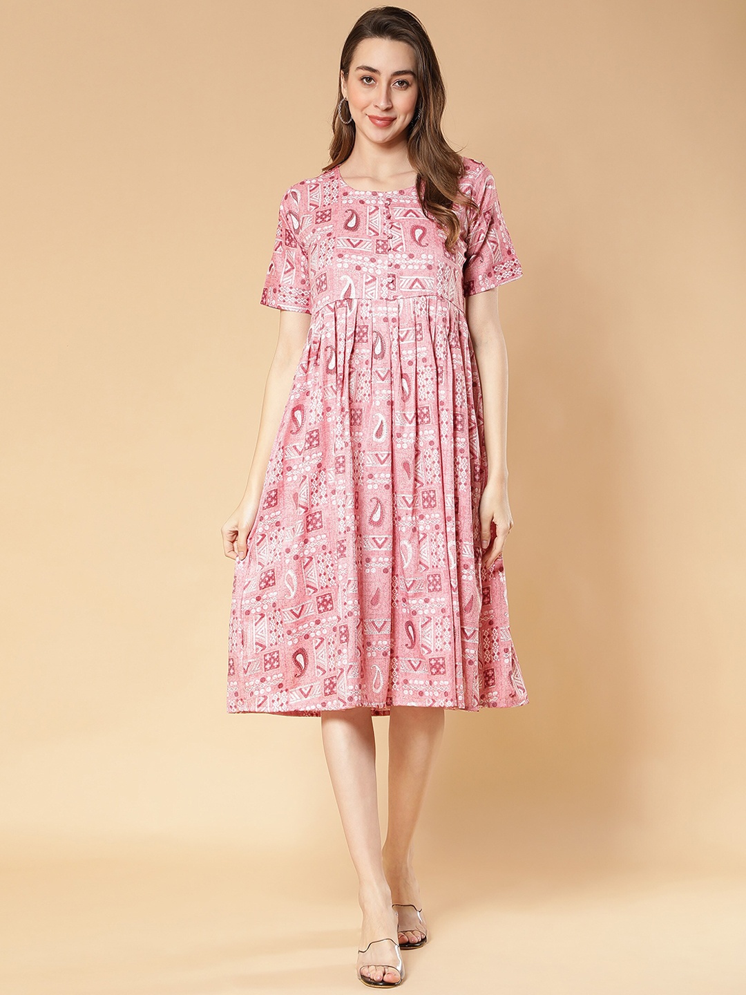 

Fabclub Ethnic Motif Printed Fit & Flared Dress, Pink