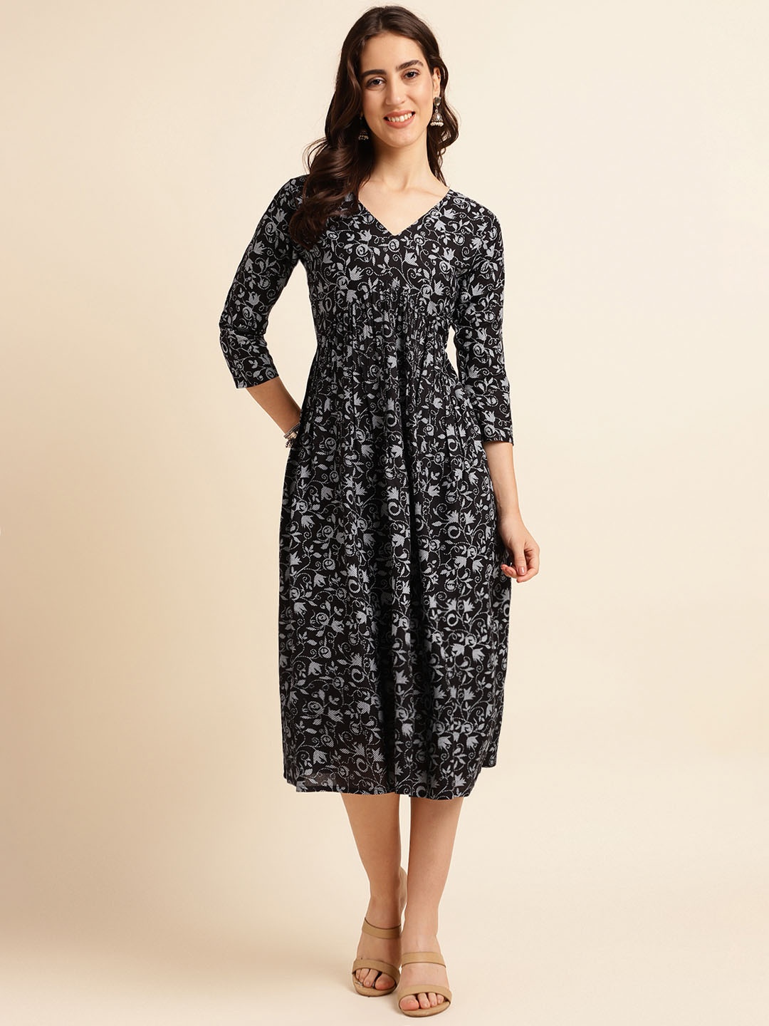 

Fabclub Floral Printed Midi Fit & Flare Ethnic Dress, Black