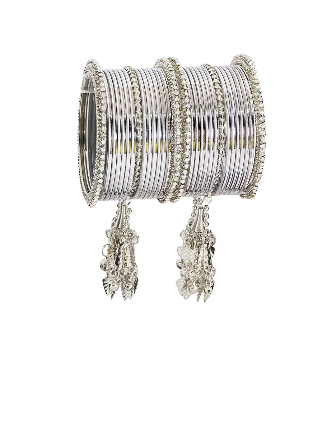 

NMII Set Of 30 Silver-Plated Stones Studded Bangles With Danglers