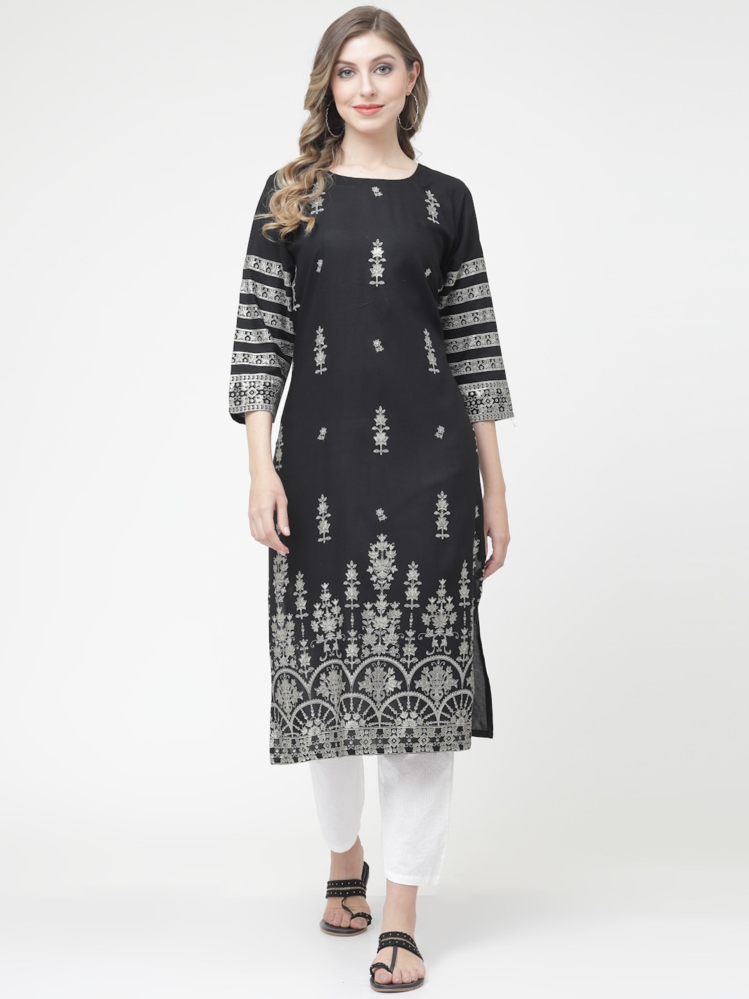 

KALINI Floral Printed Pure Cotton Kurta, Black