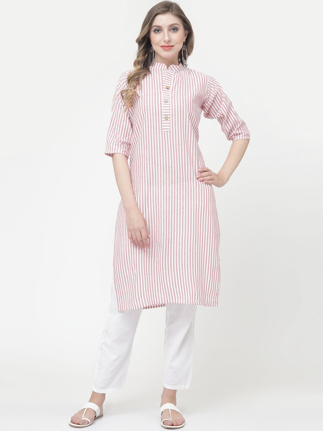 

KALINI Striped Mandarin Collar Cotton Kurta, Pink