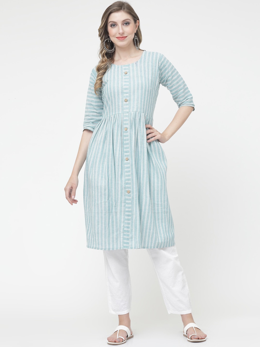 KALINI Striped Cotton Kurta, Green