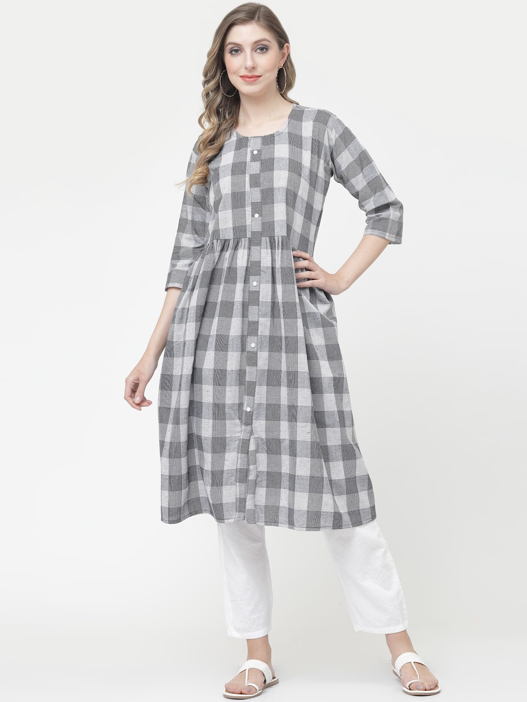 

KALINI Checked A-Line Cotton Kurta, Grey