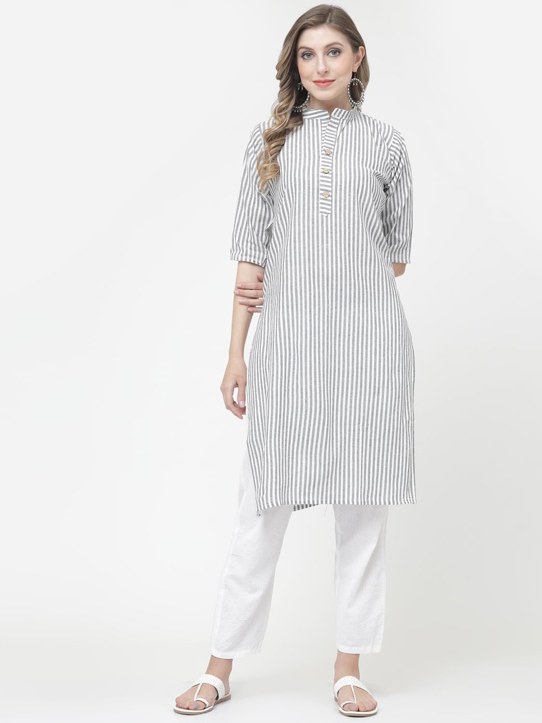 

KALINI Striped Pure Cotton Kurta, Grey