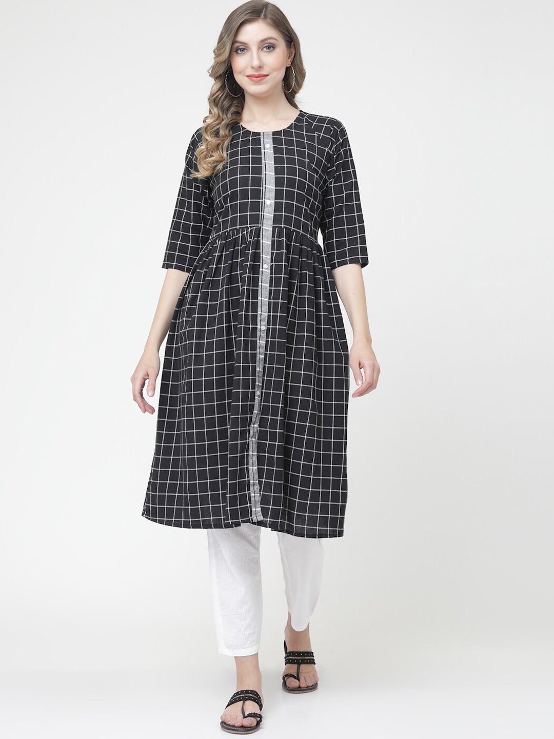 

KALINI Checked Pure Cotton Kurta, Black