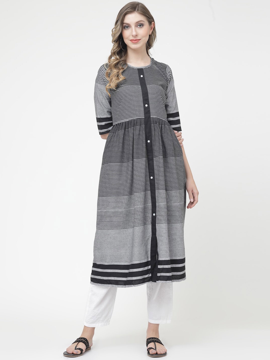 

KALINI Striped Pure Cotton Kurta, Black