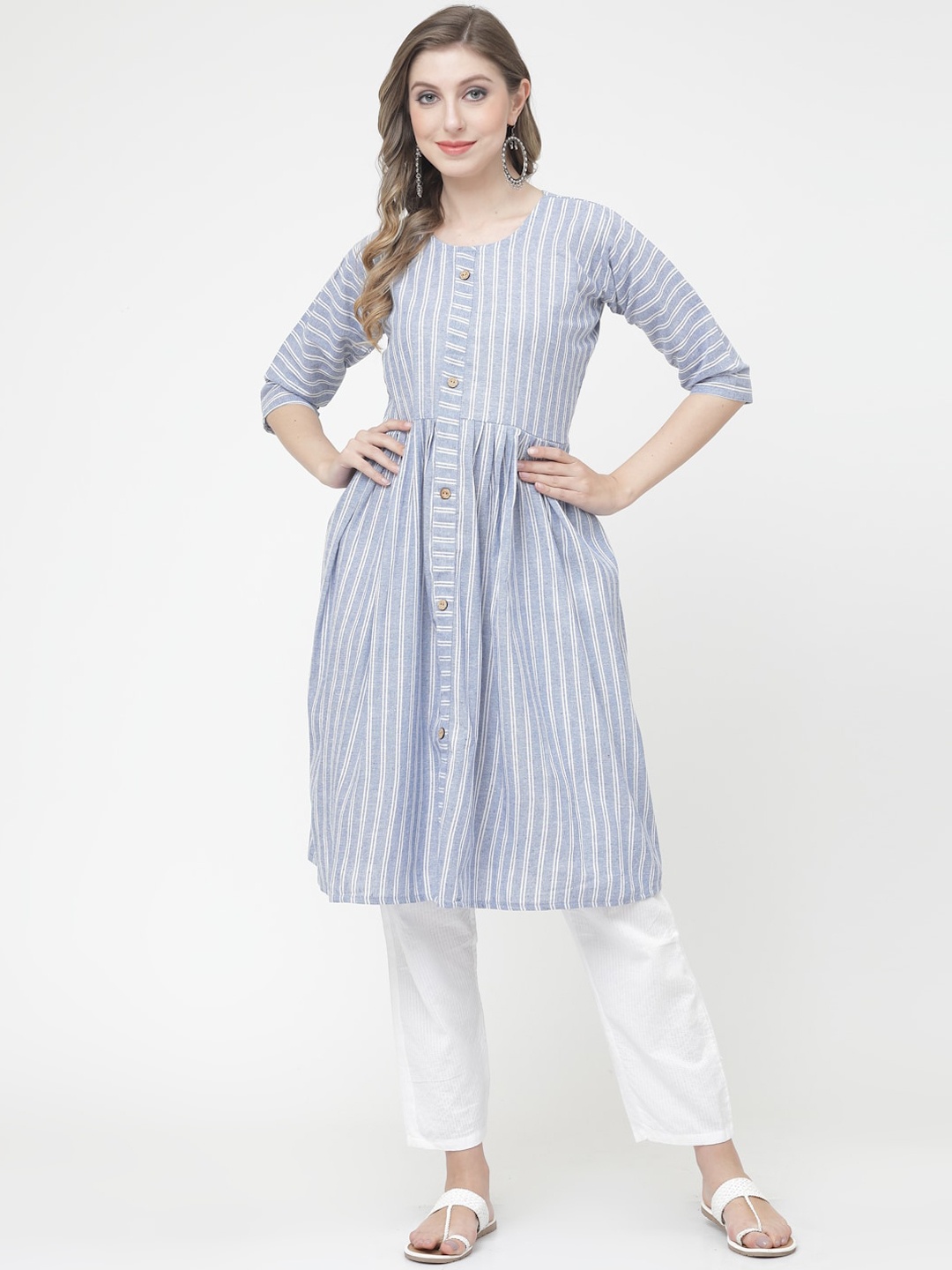 KALINI Striped Pure Cotton Kurta, Blue