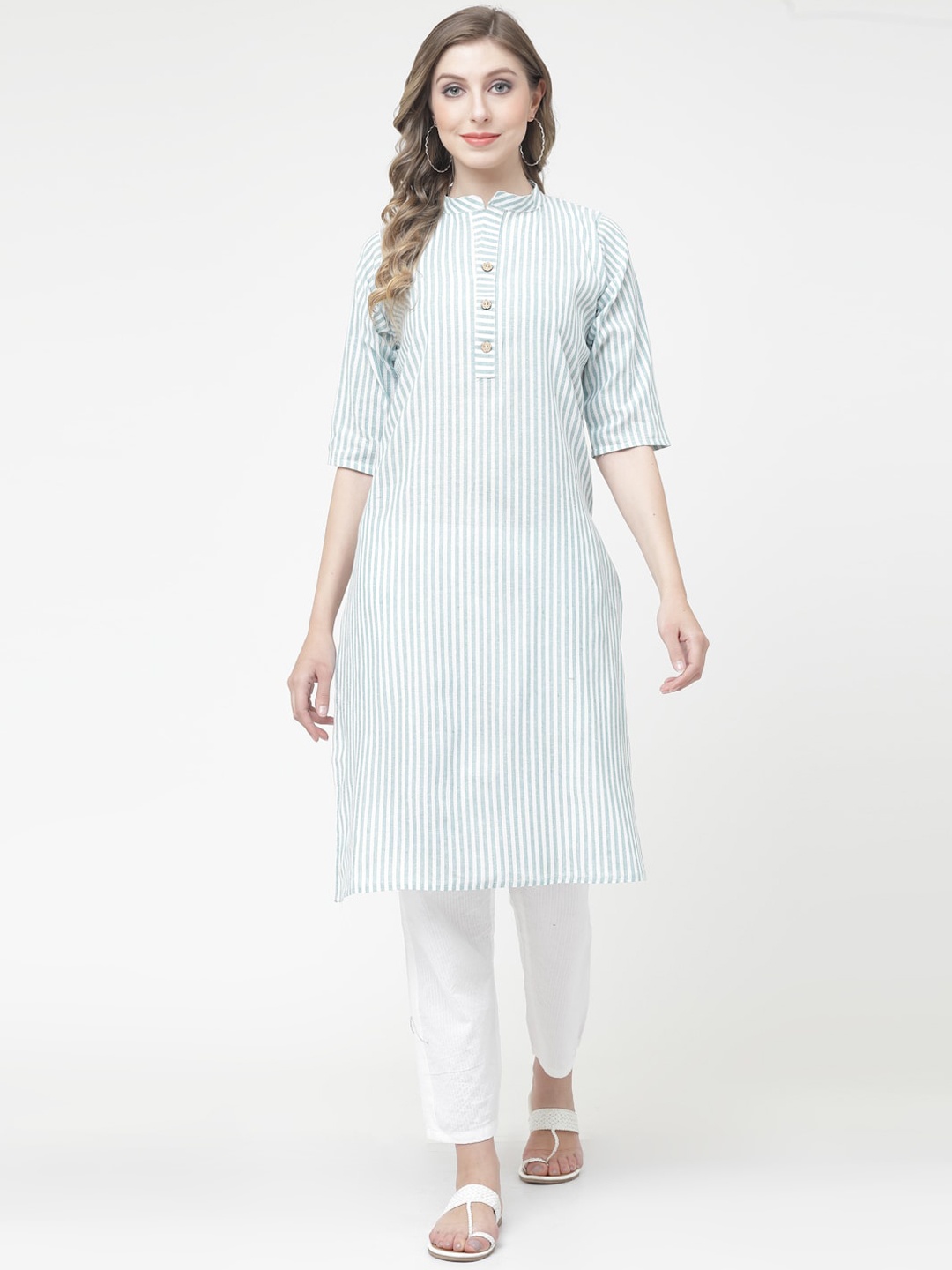 

KALINI Striped Cotton Mandarin Collar Kurta, Green
