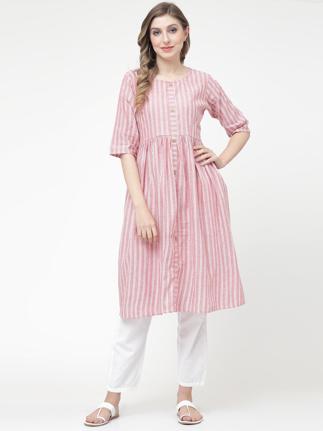 

KALINI Striped Cotton A-line Kurta, Pink