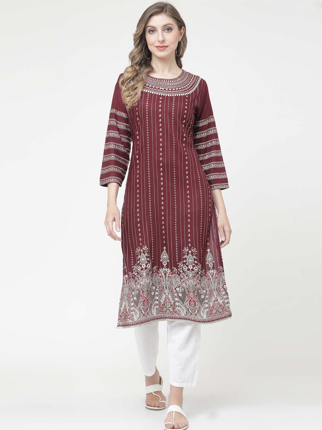 

KALINI Ethnic Motifs Printed Straight Kurta, Maroon