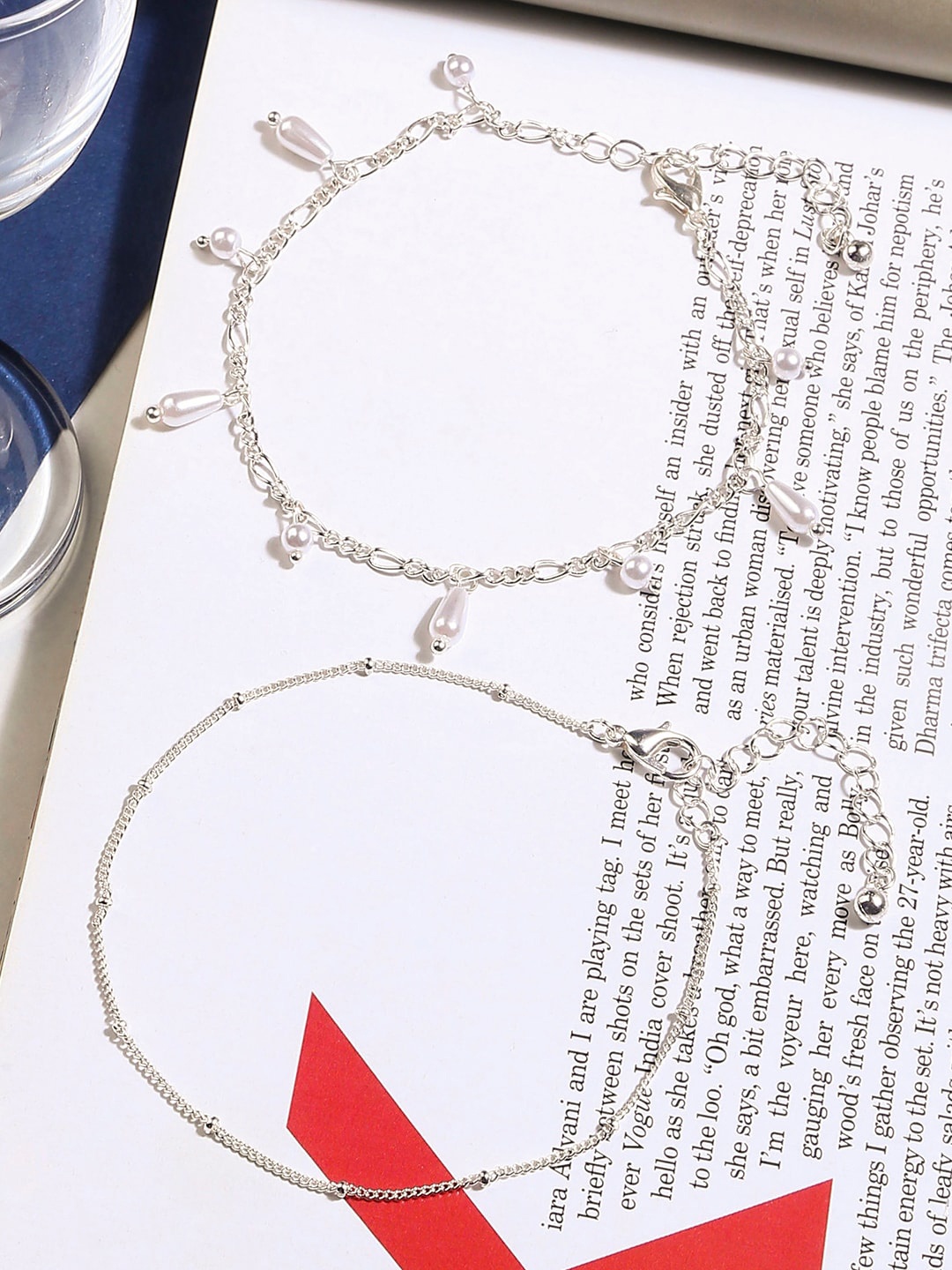 

Accessorize Women Set of 2 Silver-Toned Layered Faux Pearl Drop Anklets
