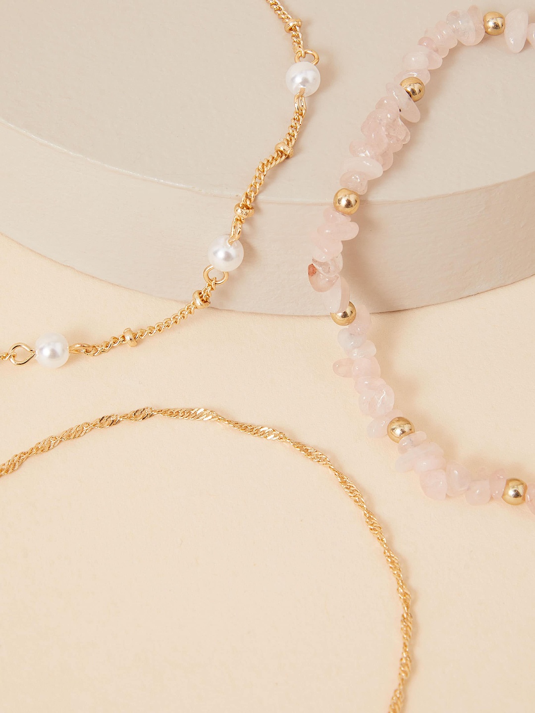 

Accessorize Women Pink Set Of 3 Raw Cut Stone & Faux Pearl Anklet