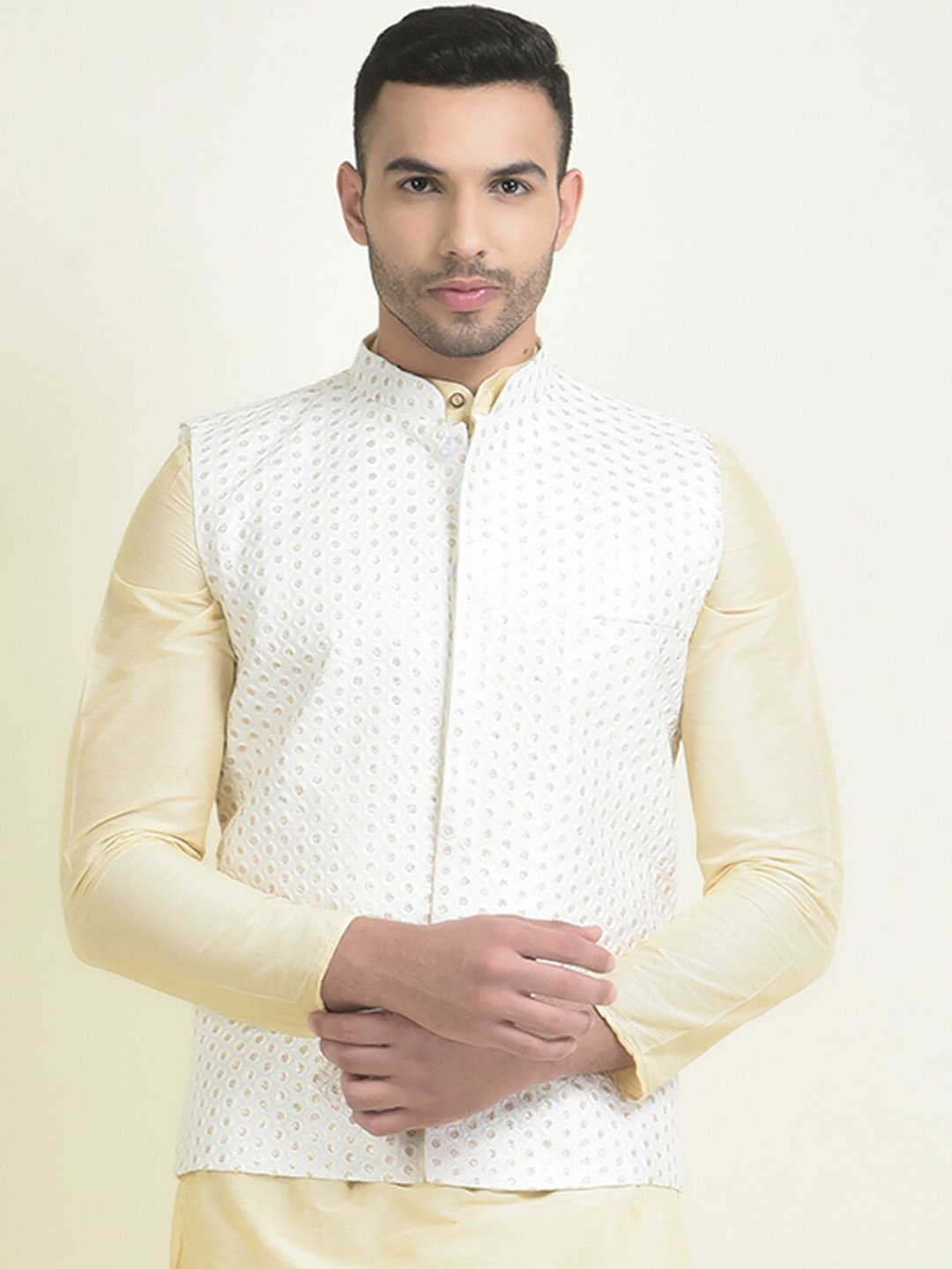 

HOUSE OF DEYANN Printed Satin Nehru Jacket, Off white